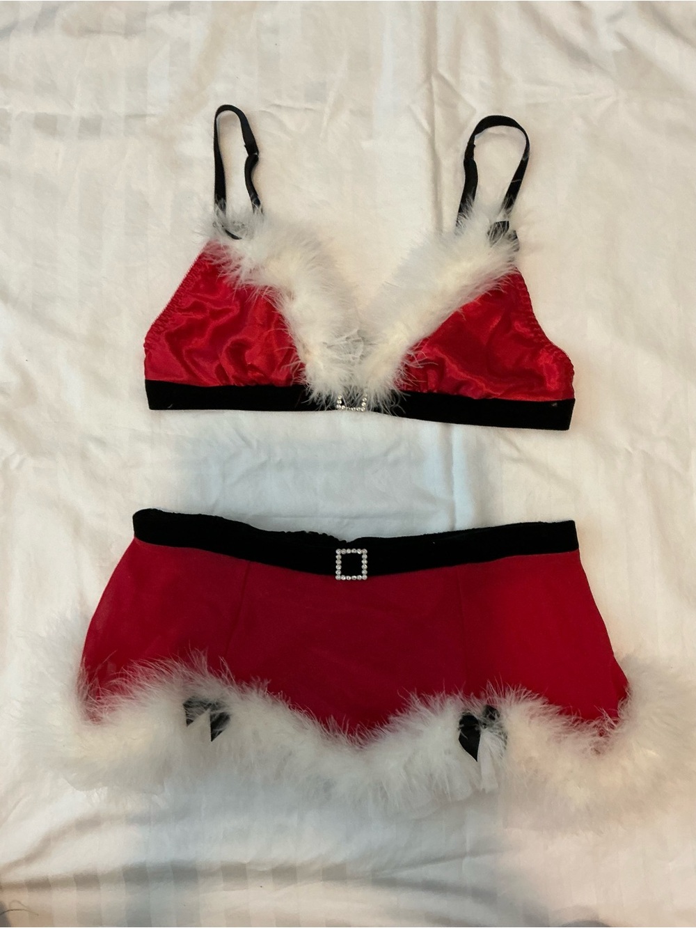 Frederick's of Hollywood Red Satin & White Faux Fur Bralette and thong Set